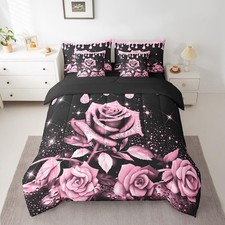 Pink Rose 7 Piece Bedding Set Full Size for Kids Boys Girls Teens Toddler Ros...