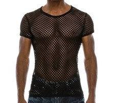 Mens See Thru Mesh Fishnet T-Shirt M Black Clubwear Party Gym Workout Twink Rave