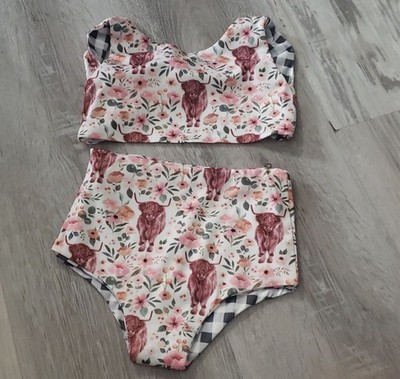 Girls Reversible Floral Cow Print Gingham High-Waisted Tank Two-Piece Swim Set