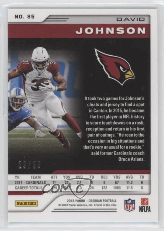 2018 Panini Obsidian Electric Etch Orange /50 David Johnson #85 - Image 2 of 2