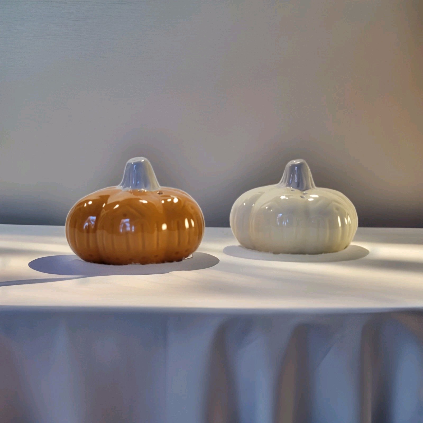 Ceramic Pumpkin Salt and Pepper Shakers Thanksgiving Halloween Fall White Orange