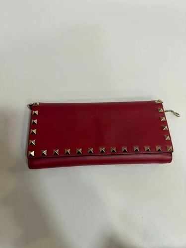 VALENTINO Crimson Red Vermillion Leather Rockstud Wallet on Chain