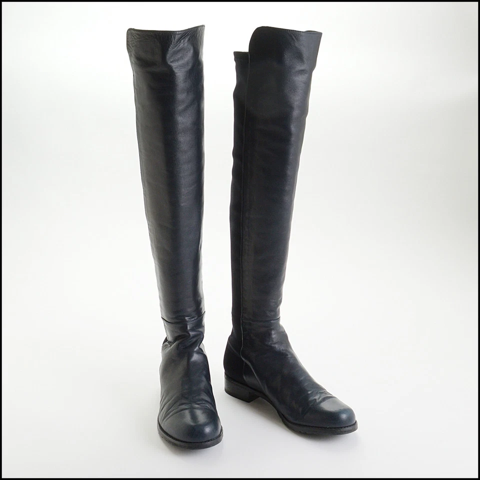 RDC14428 Stuart Weitzman Navy Nappa Leather Black Stretch Knee High Boots