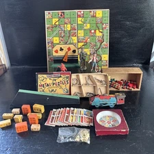 Vintage Group Of Toys And Games Puzzles Figures Die Cast Board Games Blocks Etc