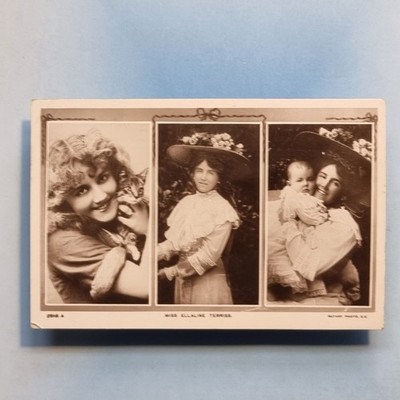 Edwardianische Schauspielerin Postkarte 190 Echtfoto jung mit Katze Miss Ellaline Terriss