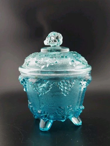 Vintage Jeanette Blue Covered, 4 Footed Candy Dish, Harvest Grape with Lid