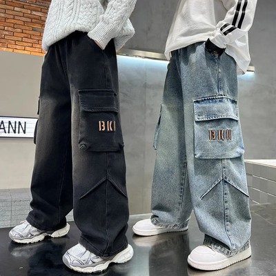 Teenage Boy Casual Cargo Jeans with Big Pocket For Child New Loose Style Denim P
