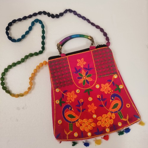 Embroidered Peacock Fabric Crossbody Bag with Zipper From India Boho Hippie New - Picture 2 of 8