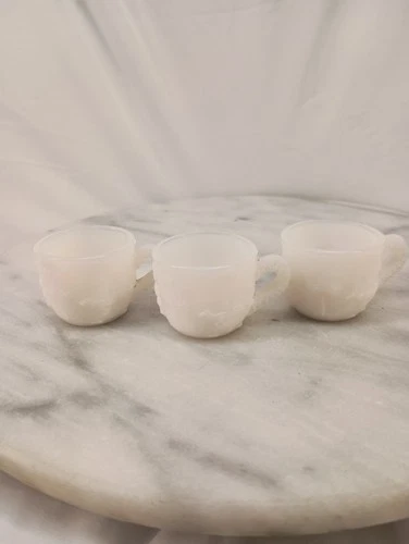 Set Of 3 Vintage White Milk Glass Pressed Embossed Miniature Cups 1.5 Inch