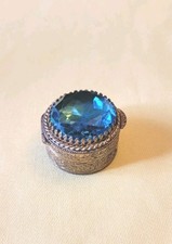 Blue Glass Gem Brass Embossed Hinged Trinket Box