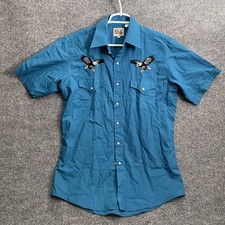 Ely Cattleman Western Pearl Snap Shirt Mens Sz M Teal Blue Embroidered Eagle