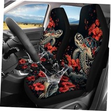 Set of 2 Black Sea Turtle Hibiscus Car Seat Covers for Front Seat Only