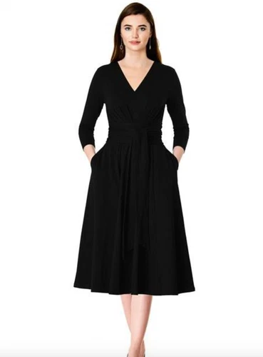 eShakti Obi Belt Cotton V-Neck Jersey Knit Midi Dress in Black - Size 18W
