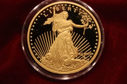 GOLD PLATED  LIBERTY TWENTY DOLLAR COIN,  40mm  , STAMPED COPY FANTASY, NOT REAL