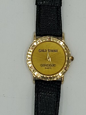 Vintage Gold Strike Casino Resort Quartz Gold Tone Watch Leather Strap 90's 