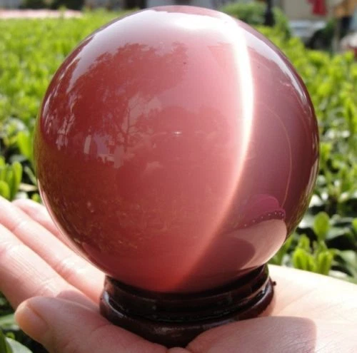VERY BEAUTIFUL ASIAN QUARTZ PINK CAT EYE CRYSTAL BALL SPHERE 80MM + STAND AA - Picture 3 of 4