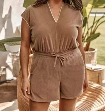 Summersault V-Neck Terry Romper Brown Elastic Drawstring Waist Brown Size Large