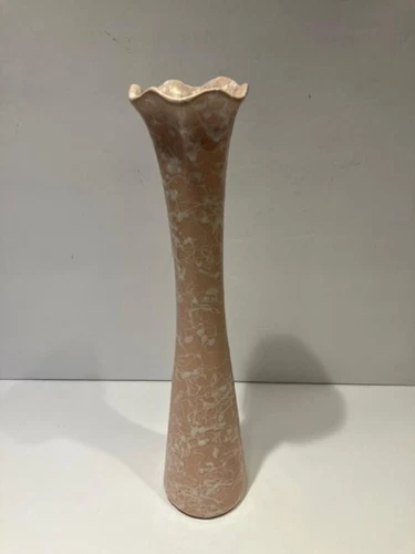 12” Vtg Shawnee Pottery Pink Matte White Splatter Stretch Ruffled Edge Vase MCM