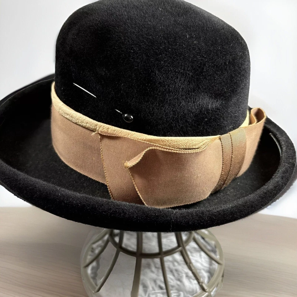 Verdadero Sombrero Vintage Años 40 Negro Lana Fieltro Crema Cinta Bowler Iglesia Elegante Retro Foto 2 de 4