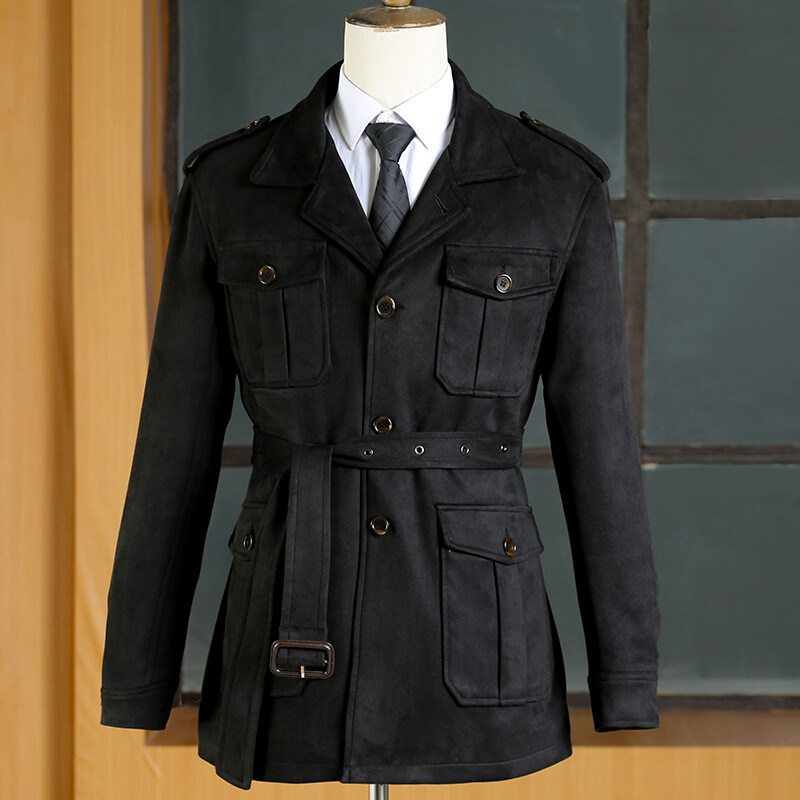 Mens Retro Multi Pockets Suede Safari Jacket Belted Hunting Coat Casual Outwear