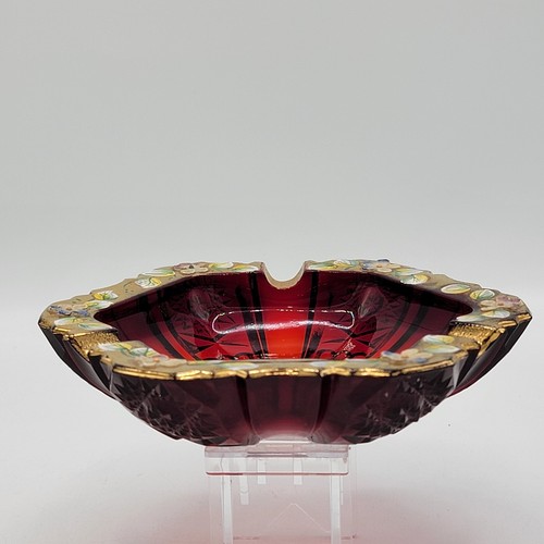Hand Painted Cut Glass Ashtray Ruby Red Gold Gilt Italian Czech Art Glass Napoli - Picture 7 of 12