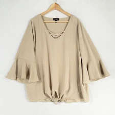 I.N. Studio Top Blouse 2X Beige Tan Pullover Bell Sleeves Knotted Hem Scoop Neck