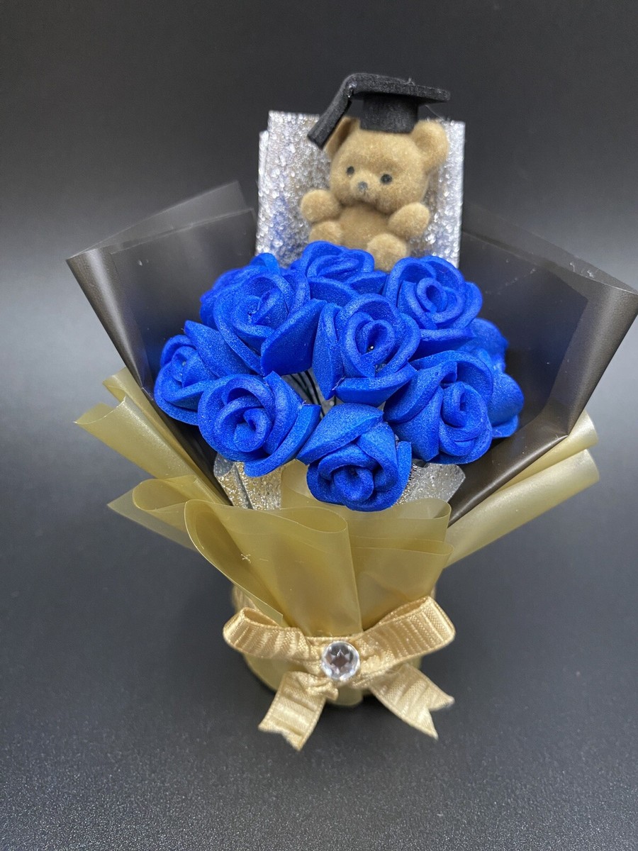 Graduation Gift Mini Bouquet Blue Roses W/ Bear 4'' Tall