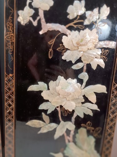 4 Vintage MCM Chinese Mother of Pearl and Black Lacquer Panels 36 by 12 - Picture 3 of 15
