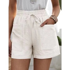 Womens Cotton Linen Elastic Waist Hot Pants Ladies Summer Beach Pockets Shorts
