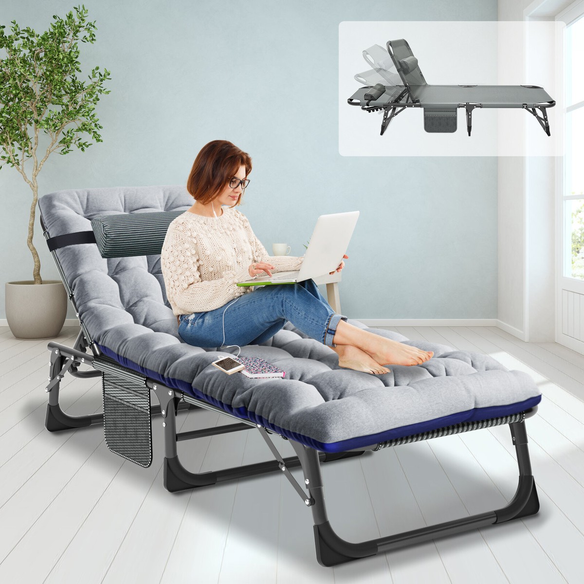 NAIZEA Adjustable 4-Position Patio Lounge Chair Sleeping Cot