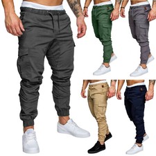Mens casual slim fit Sports straight leg trousers pencil jogger cargo Pants male