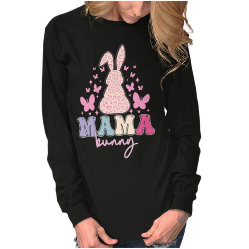 Cute Spring Easter Mama Bunny Butterflies Long Sleeve T Shirt Tees For Women - Picture 7 of 7