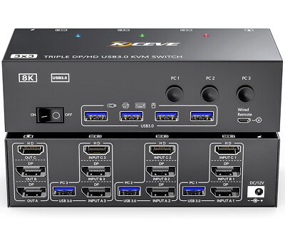 KVM Switch 3 Monitore 3 Computer 8K@60Hz, MLEEDA HDMI + 2* Displayport Triple