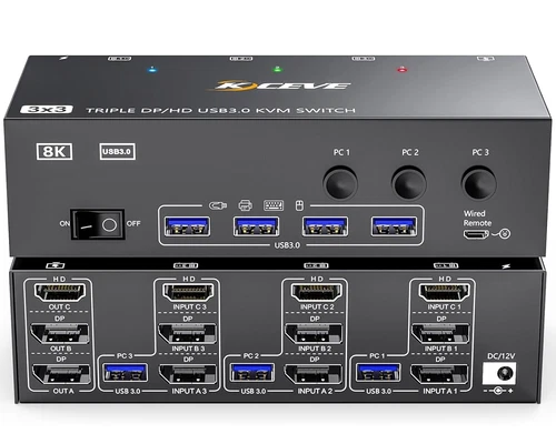 KVM Switch 3 Monitors 3 Computers 8K@60Hz, MLEEDA HDMI + 2* Displayport Triple
