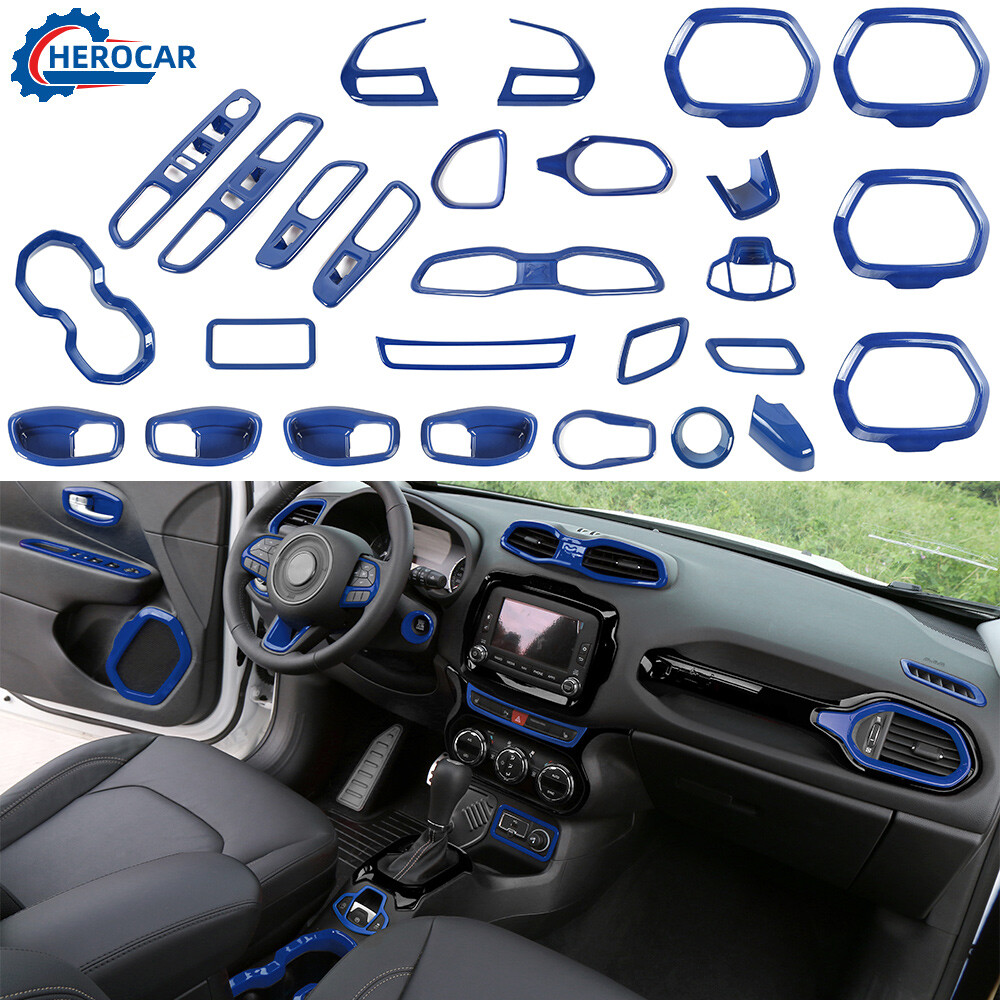⭕27Pcs Blue Car Interior Accessories Decor Cover Trim for Jeep Renegade 2016-18