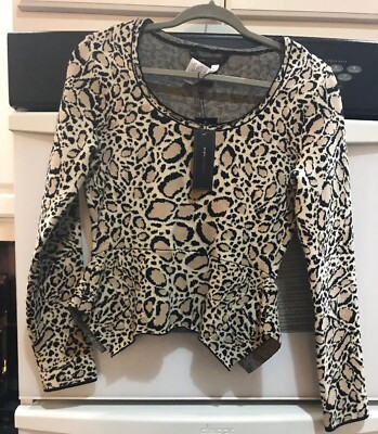 New Without Tag $298 BCBG Elizabetta Ocelot Sweater Jacquard Peplum Top S