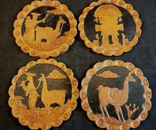HANDMADE PERUVIAN LEATHER BEVERAGE COASTER SET 4 Decorative Leather Disks