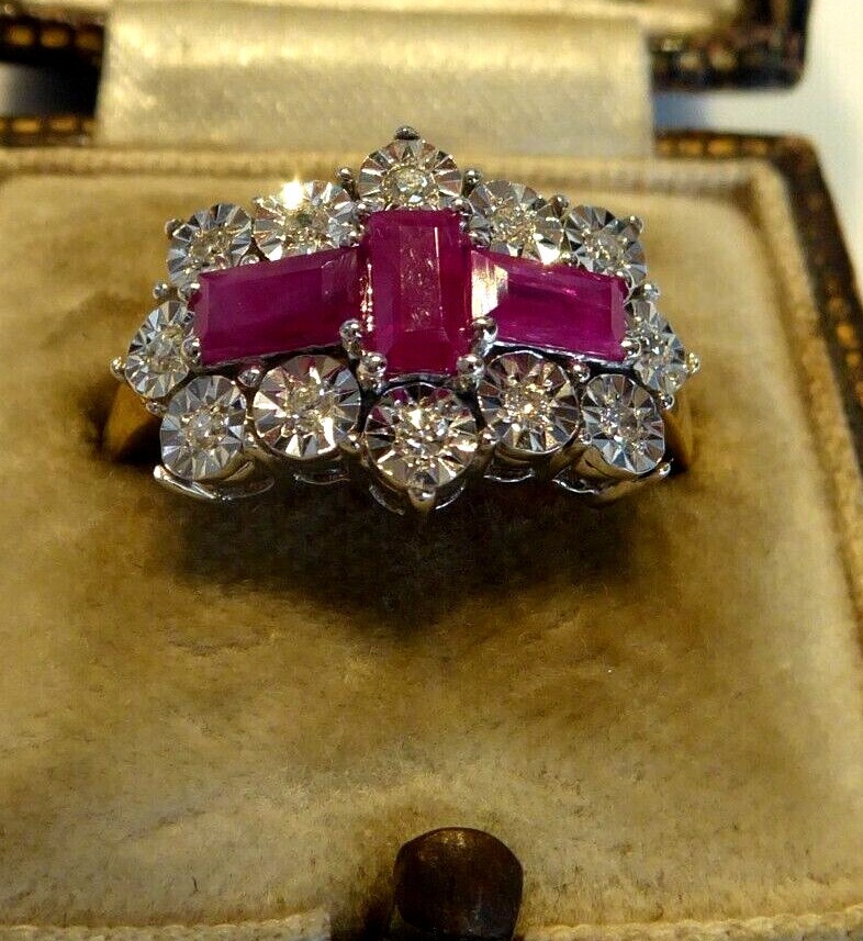 Solid 9ct Gold Real Diamond & Ruby Art Deco Inspi… - image 1