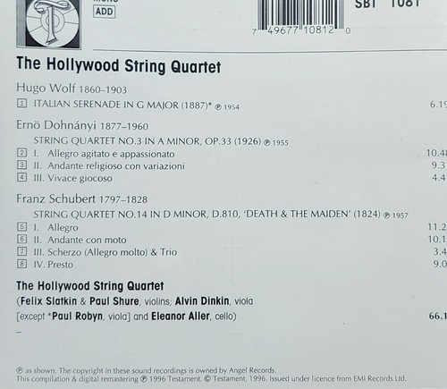 Rare Hollywood String Quartet Hugo Wolf Erno Dohnanyi Franz Schubert CD cc - Picture 2 of 2