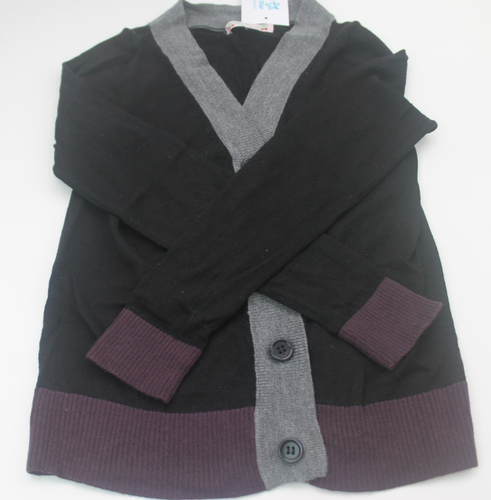 Bonpoint girls fine knit wool cardigan age 8 black with grey&purple trim ( 1006)