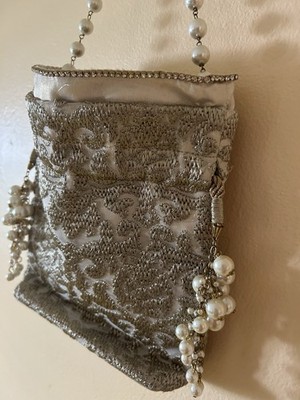 Ivory  Silver Beaded Pearl Drawstring Shoulder Bag w/ Detachable Strap Small