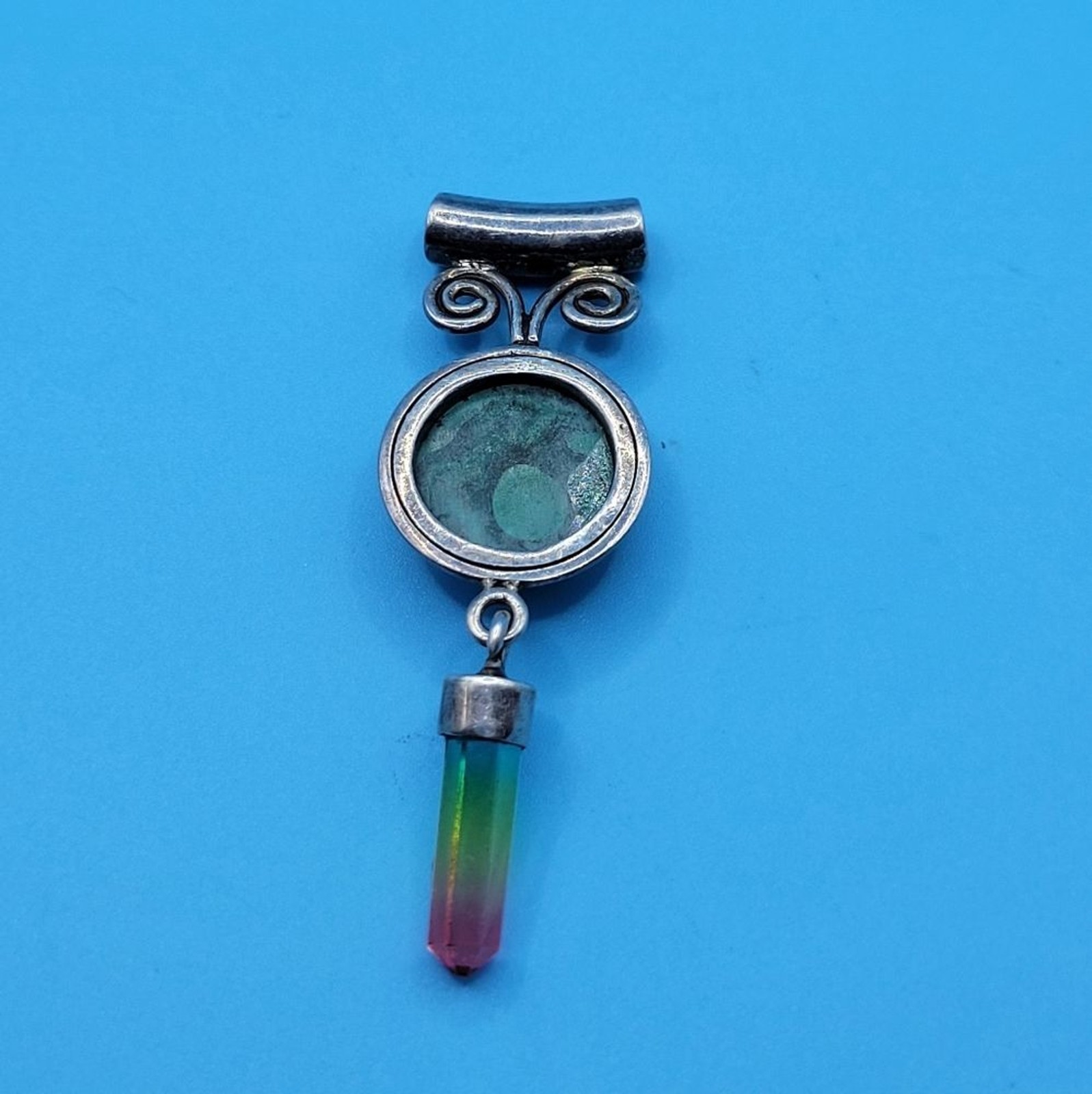 Sterling Silver Circle Malachite Dangle Rainbow G… - image 9