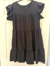 Shein Black A-Line Dress Size M Knee Length Round Neck Ruffle Flutter Sleeves