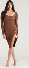 Windsor Brown Solid Long Dress Scoop Neck Ribbed Knit Button Bodycon S