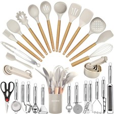 35 Piece Silicone Kitchen Utensil Set with Wooden Handles for Nonstick Cookware