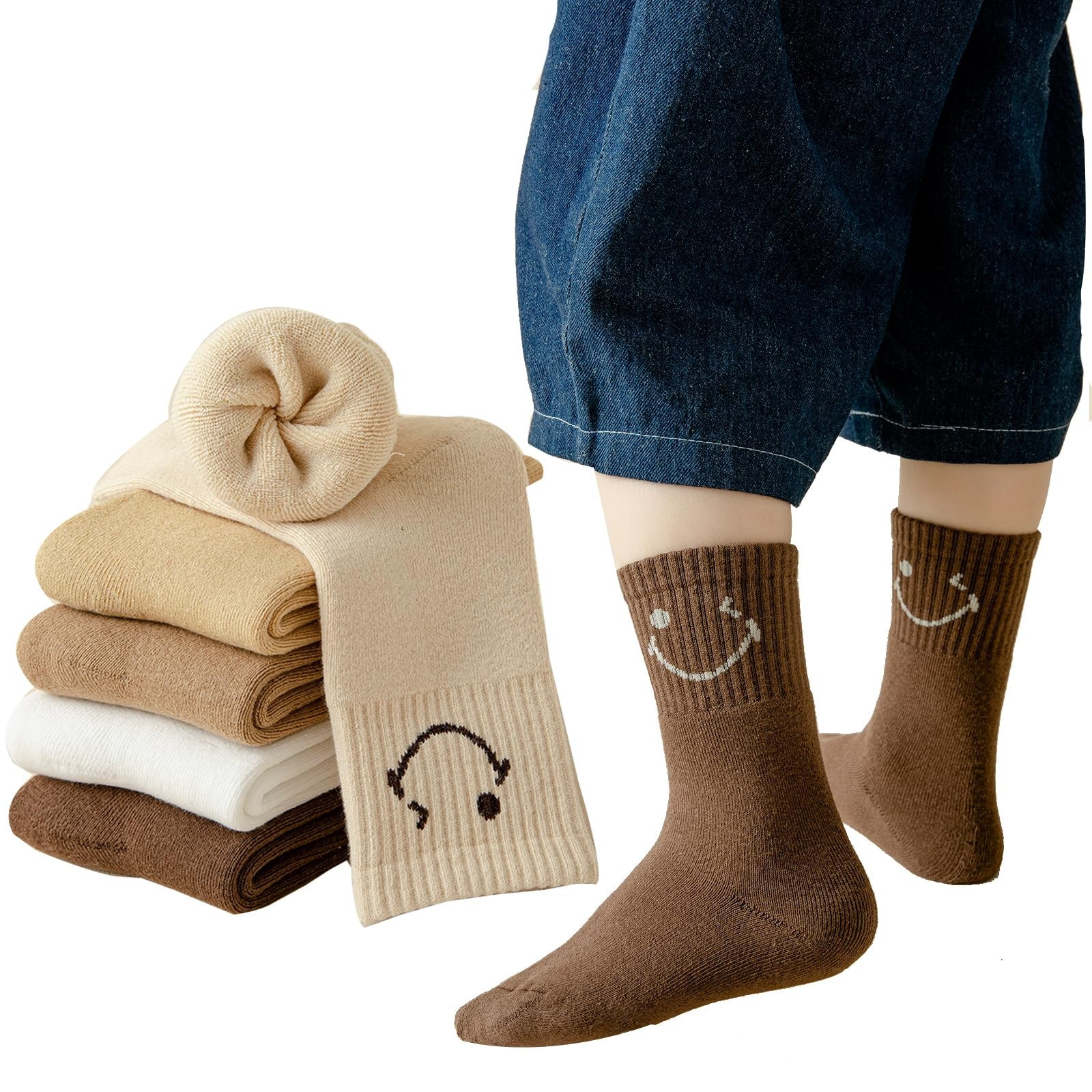 Girls Boys Smiley Face Cotton Crew Socks, Brown White Beige, Medium Length Te...