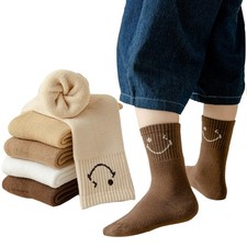 Girls Boys Smiley Face Cotton Crew Socks, Brown White Beige, Medium Length Te...