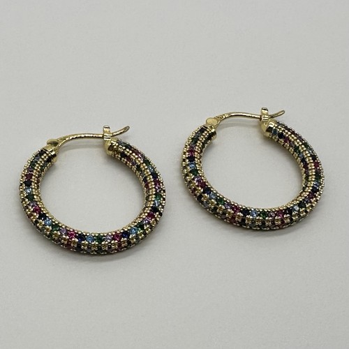 Ruby Emerald Sapphire Pavé Hoop Earrings 925 Gold Vermeil Sterling Gemstone - Picture 2 of 5
