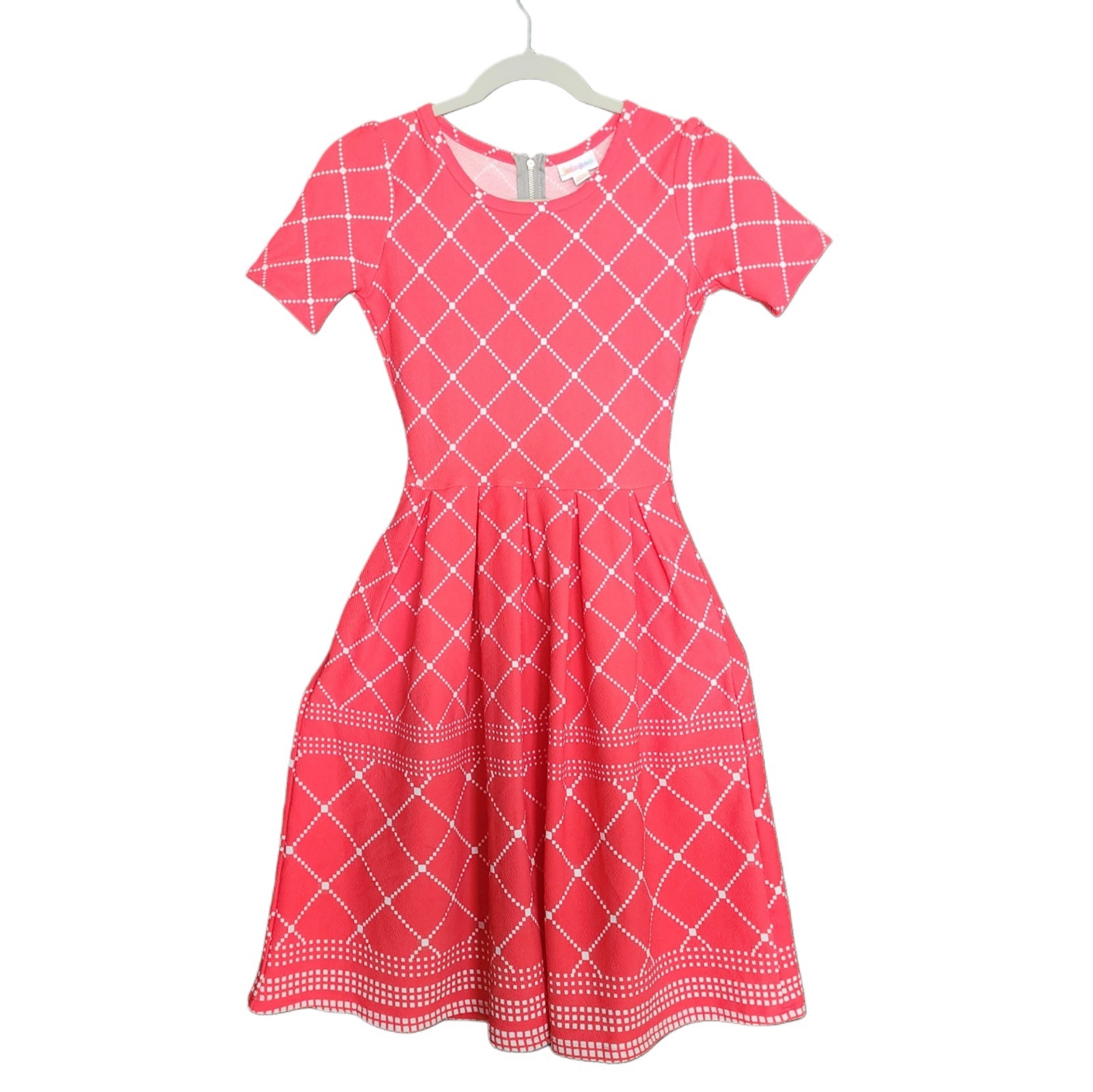LuLaRoe Amelia Dress XXS Red White Geometric Fit & Flare Short Sleeve Zip Back