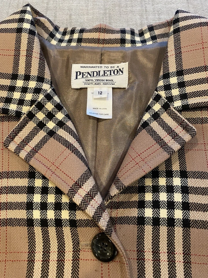 Blazer Pendleton vintage para mujer 100 % lana, talla 12, color tostado a cuadros negro marfil rojo Foto 4 de 4